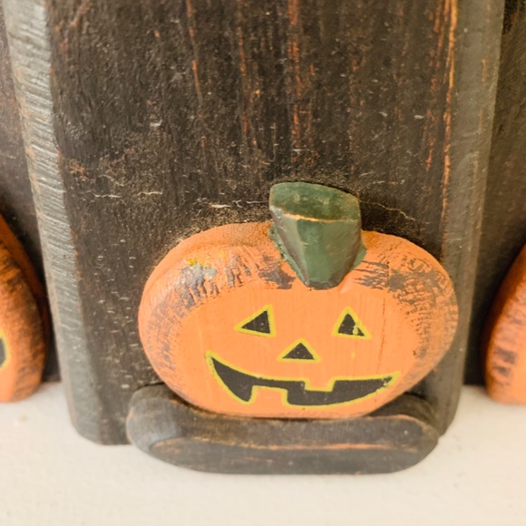 Vintage Wood Primitive 3 Folk Art Black Cats Figurine Pumpkins Halloween Fall - Picture 5 of 11